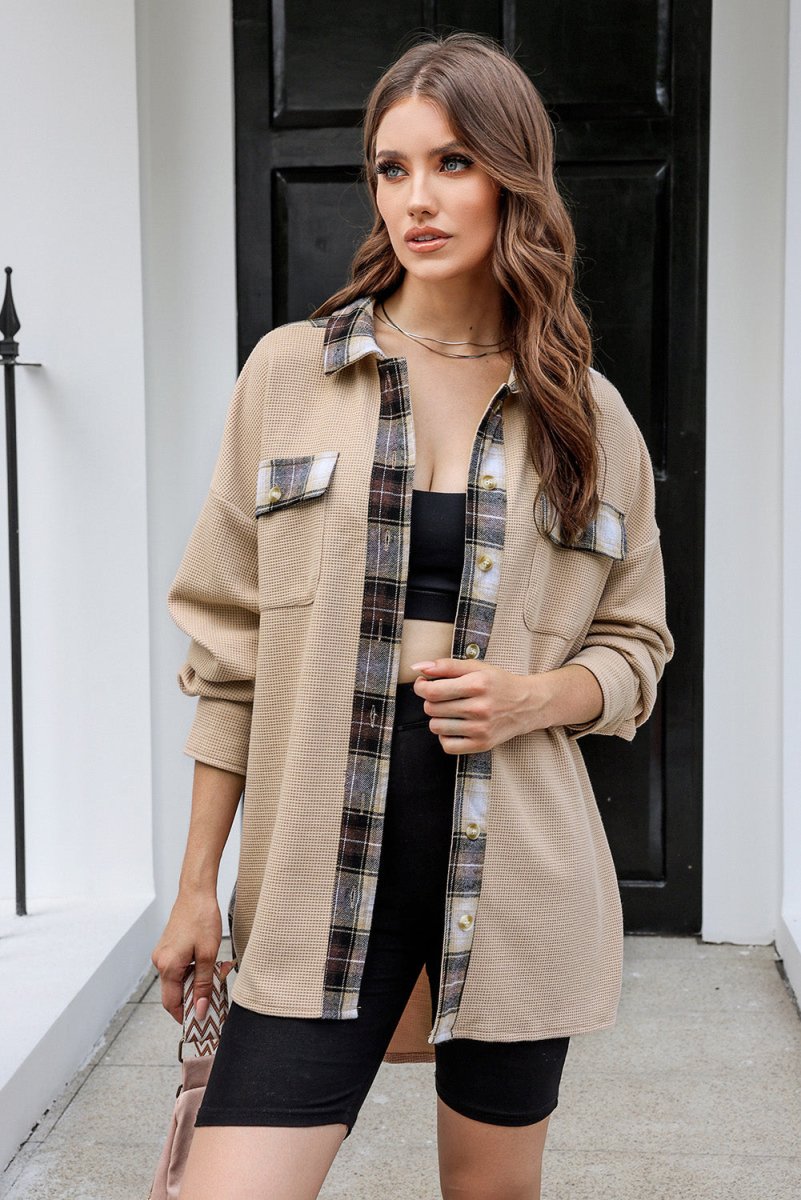Plaid Button Down Collared Jacket - Outerwear