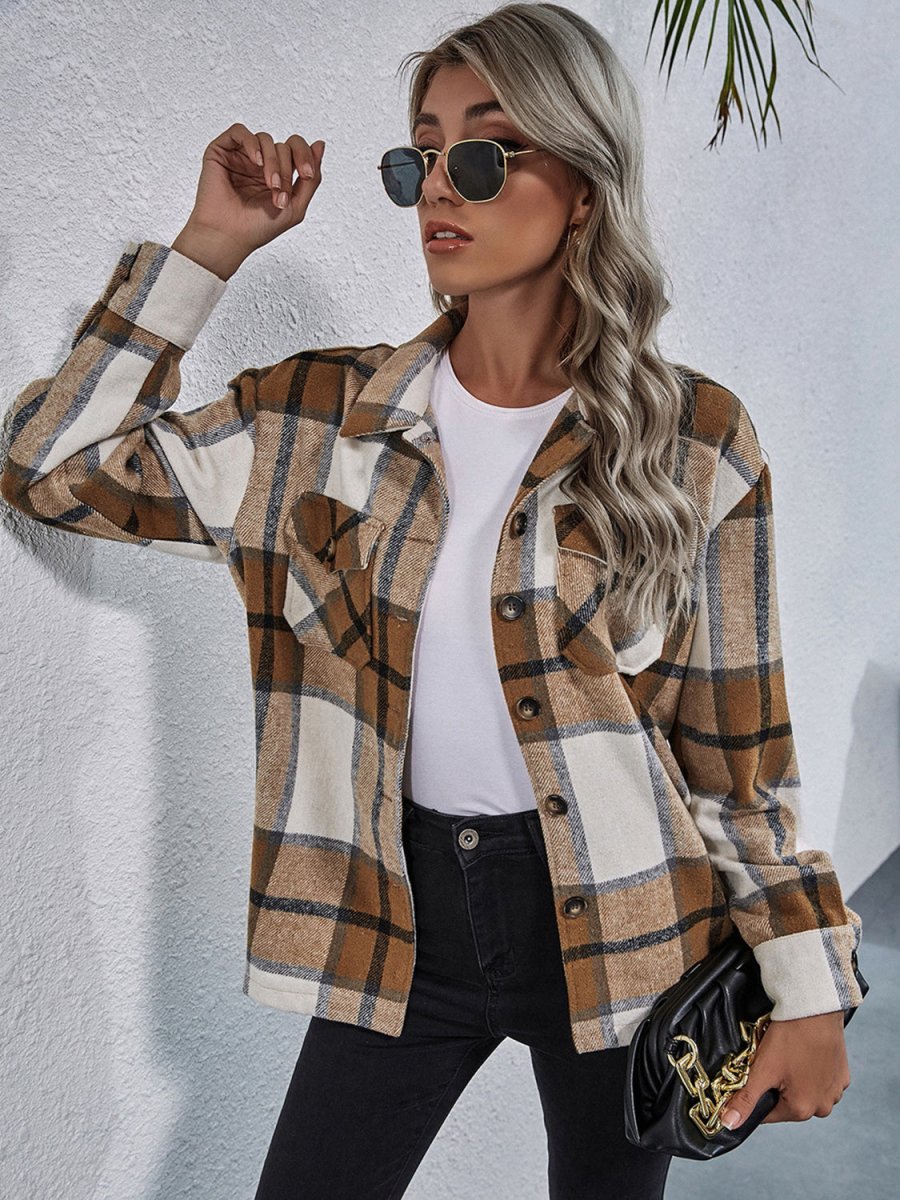 Plaid Button Down Collared Jacket - Outerwear
