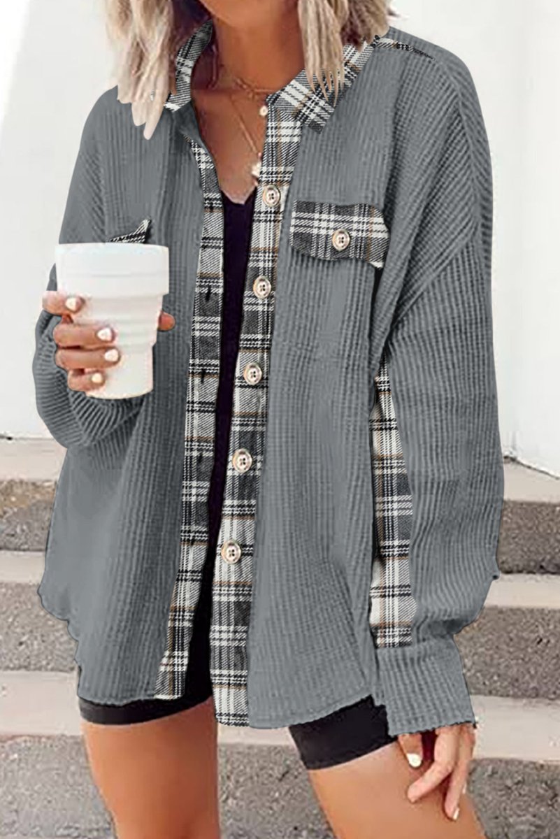 Plaid Button Down Collared Jacket - Outerwear