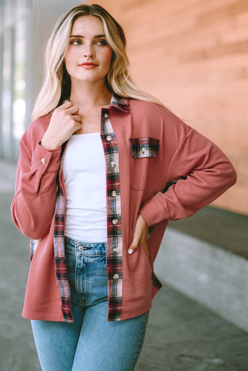 Plaid Button Down Collared Jacket - Outerwear