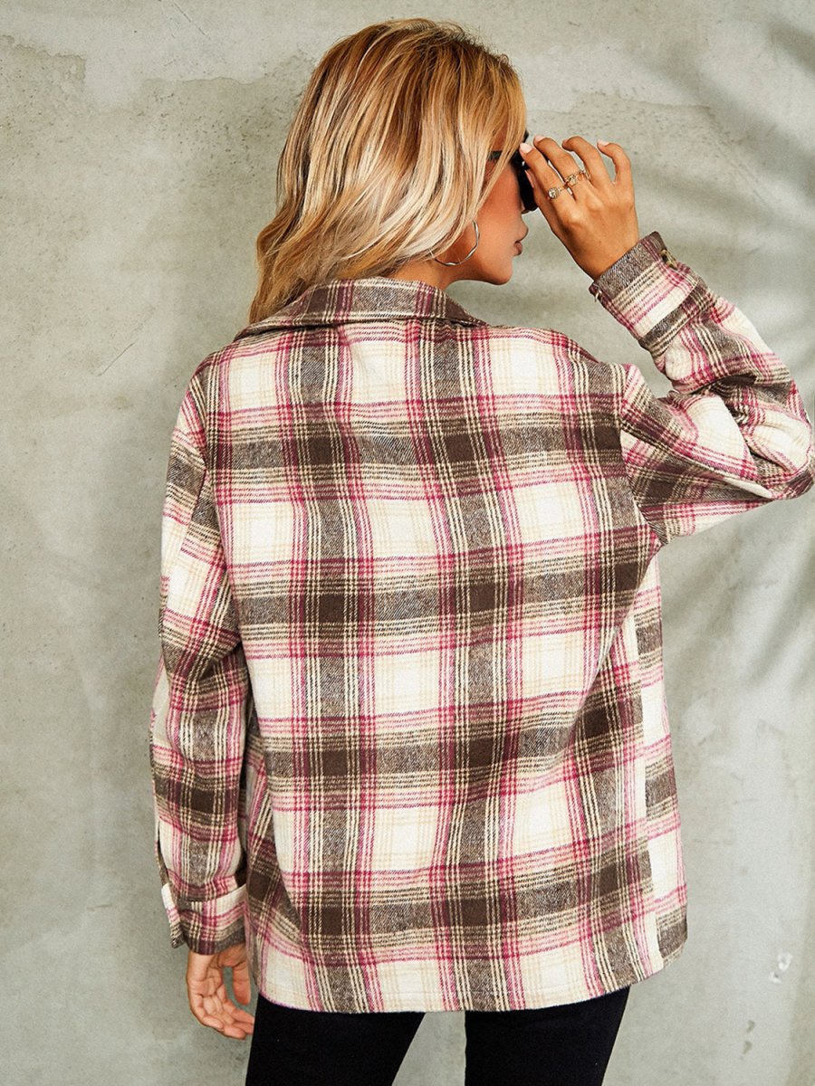 Plaid Button Down Collared Jacket - Outerwear
