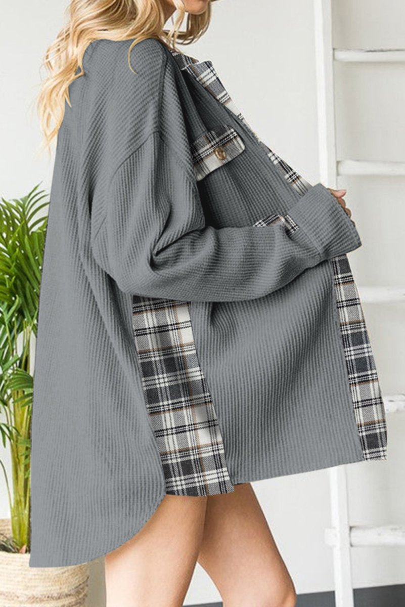Plaid Button Down Collared Jacket - Outerwear
