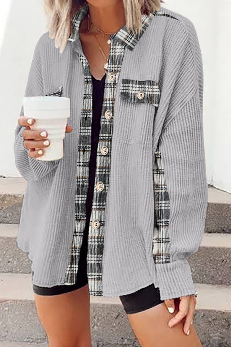 Plaid Button Down Collared Jacket - Outerwear