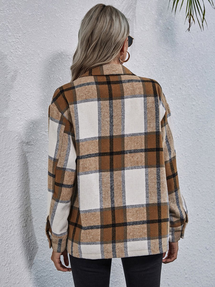 Plaid Button Down Collared Jacket - Outerwear
