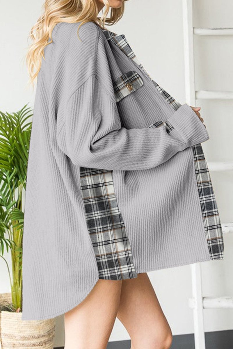 Plaid Button Down Collared Jacket - Outerwear
