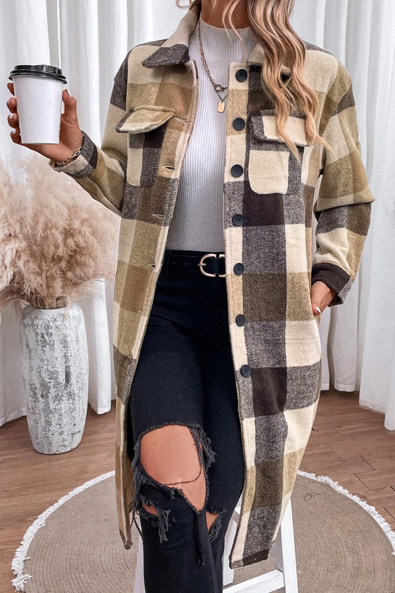 Plaid Button Down Longline Coat - Outerwear