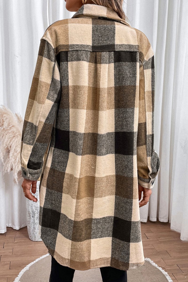 Plaid Button Down Longline Coat - Outerwear