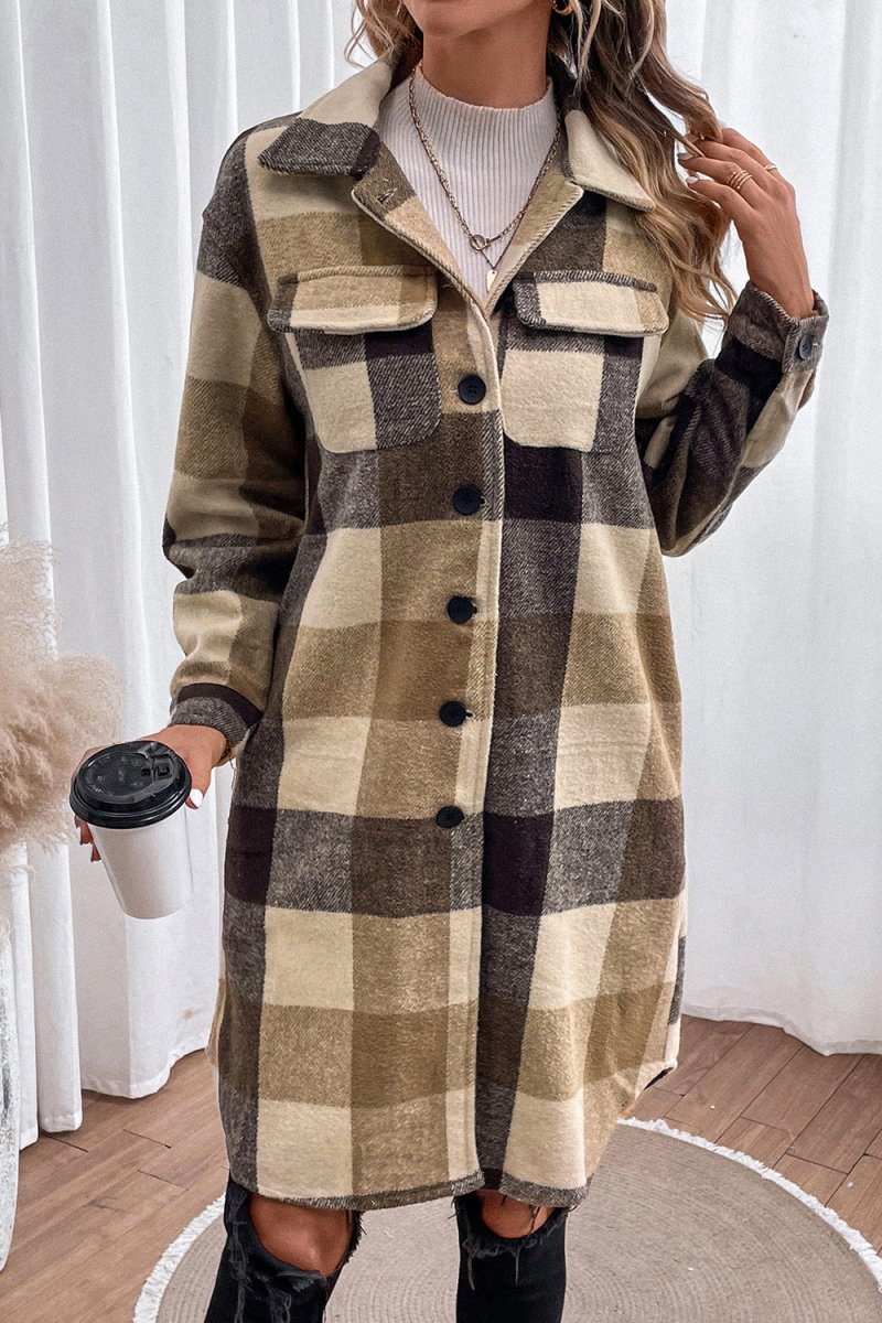Plaid Button Down Longline Coat - Outerwear