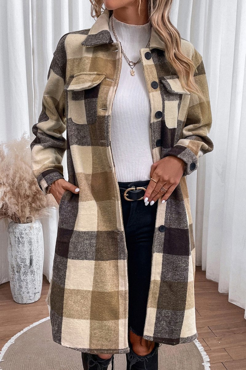Plaid Button Down Longline Coat - Outerwear