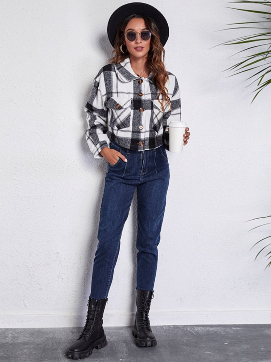 Plaid Button Front Jacket with Pockets - Outerwear
