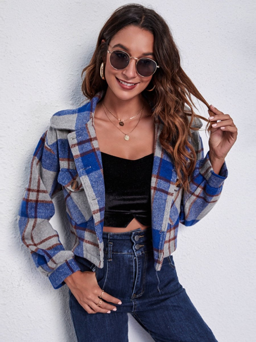 Plaid Button Front Jacket with Pockets - Outerwear