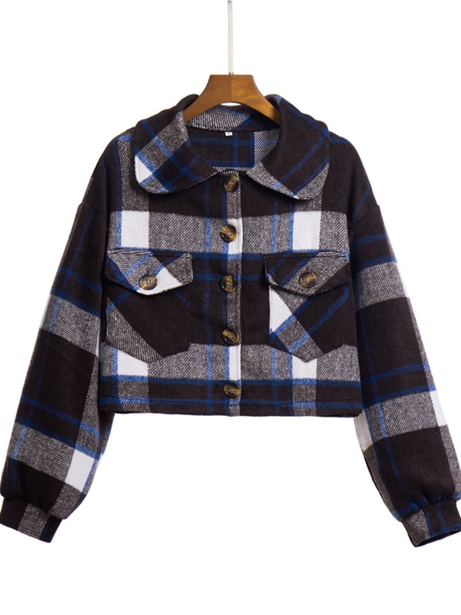 Plaid Button Front Jacket with Pockets - Outerwear