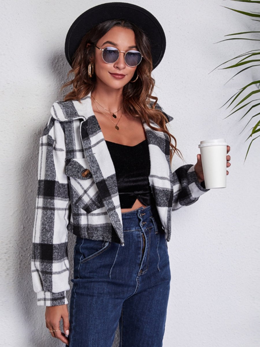 Plaid Button Front Jacket with Pockets - Outerwear