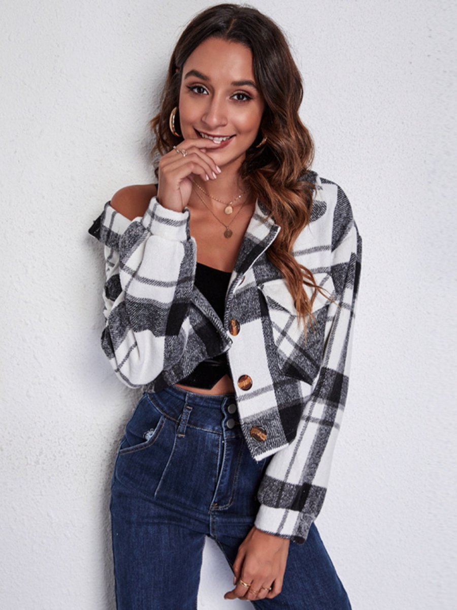 Plaid Button Front Jacket with Pockets - Outerwear