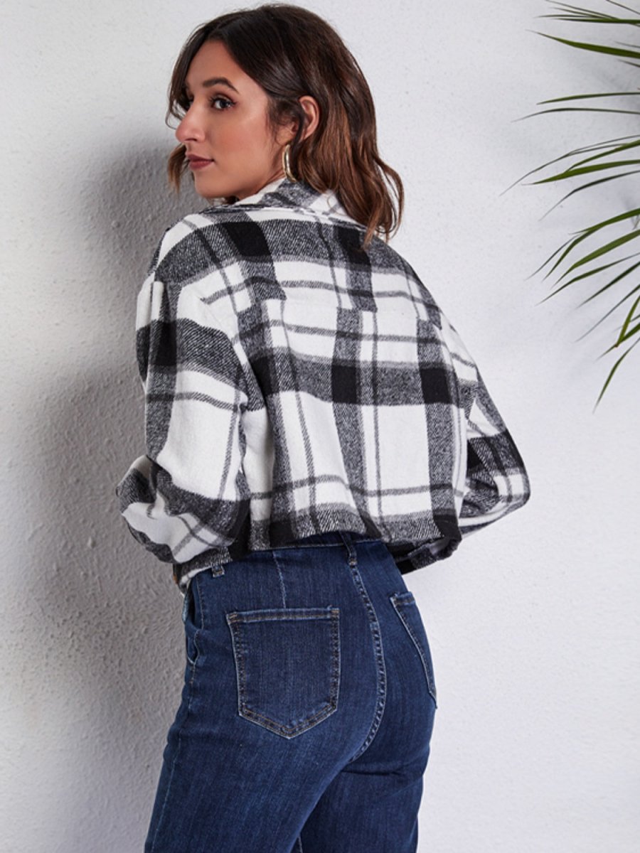 Plaid Button Front Jacket with Pockets - Outerwear