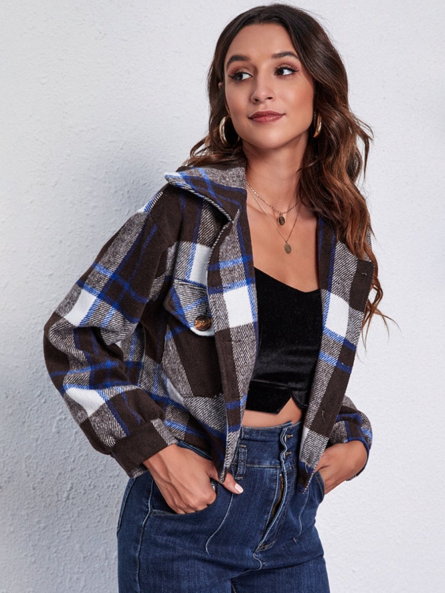 Plaid Button Front Jacket with Pockets - Outerwear