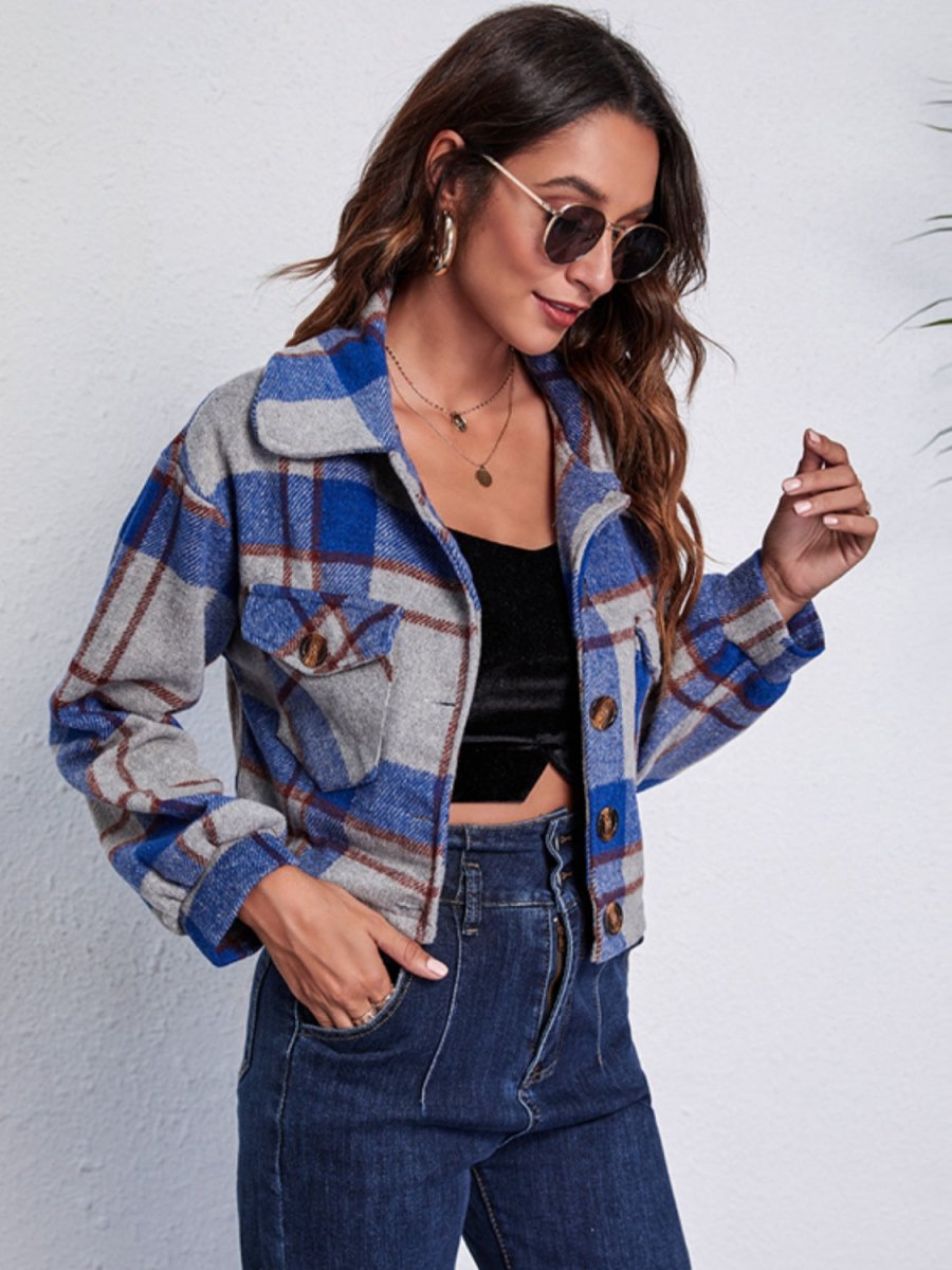 Plaid Button Front Jacket with Pockets - Outerwear