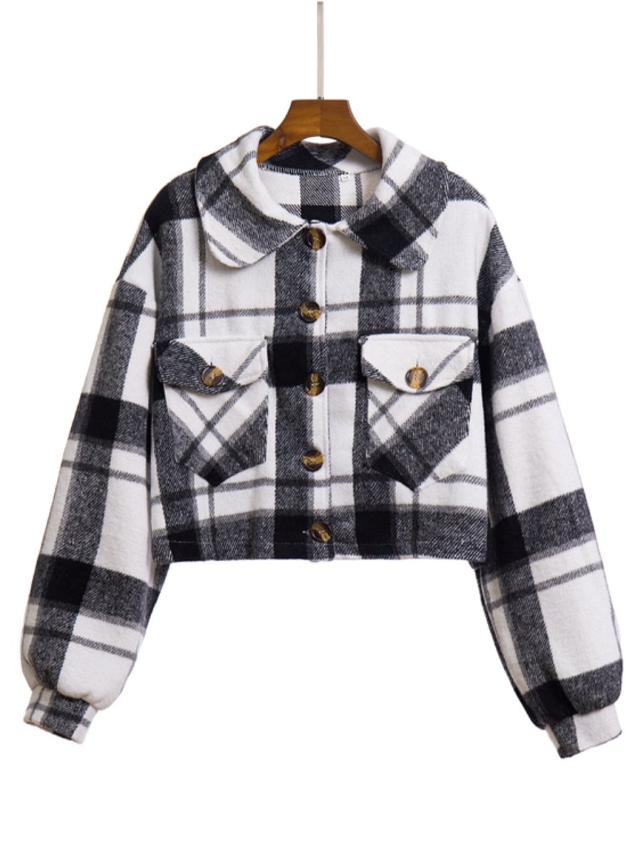 Plaid Button Front Jacket with Pockets - Outerwear