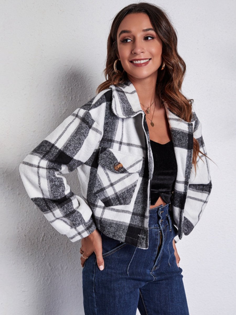 Plaid Button Front Jacket with Pockets - Outerwear
