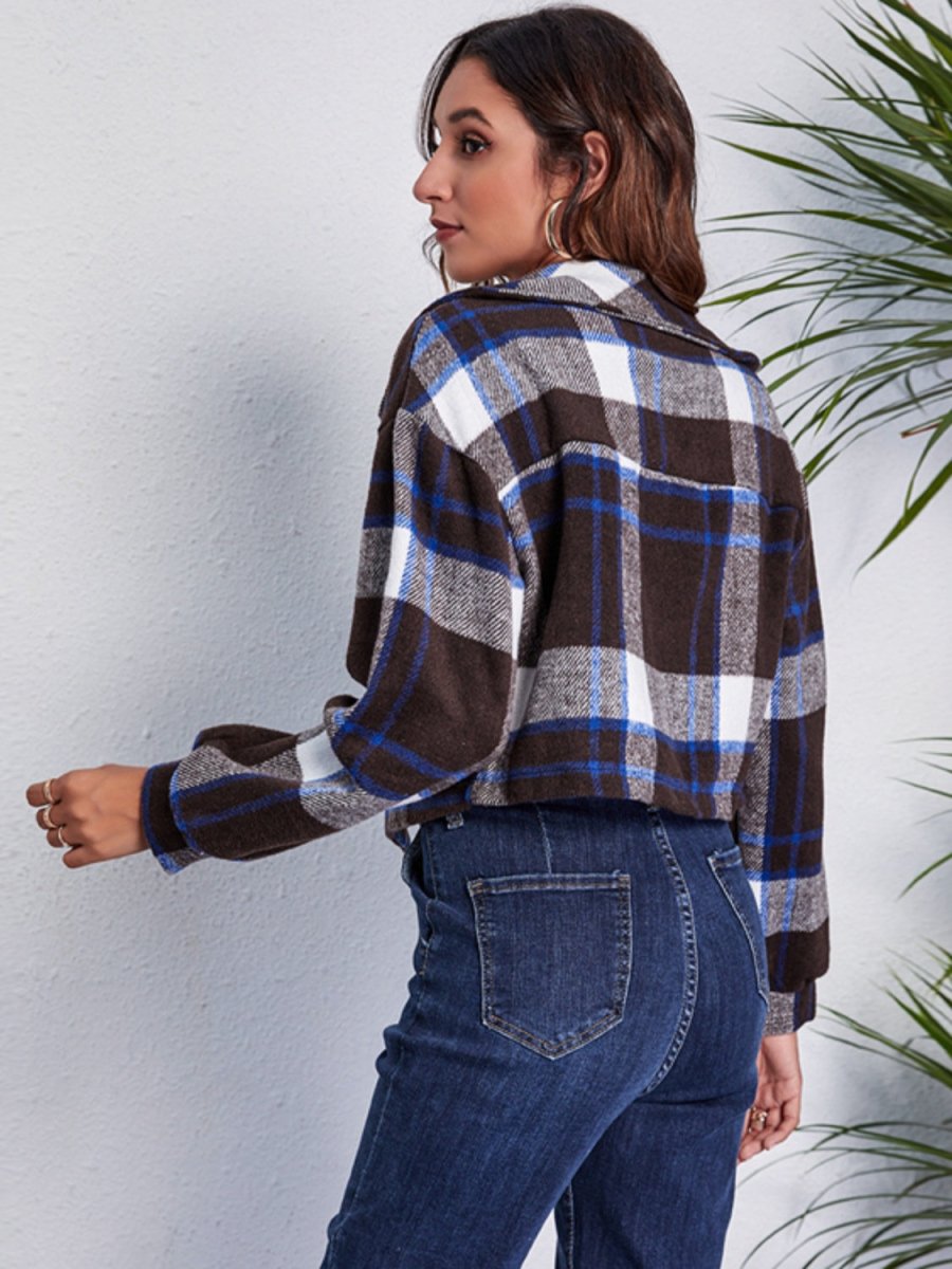 Plaid Button Front Jacket with Pockets - Outerwear