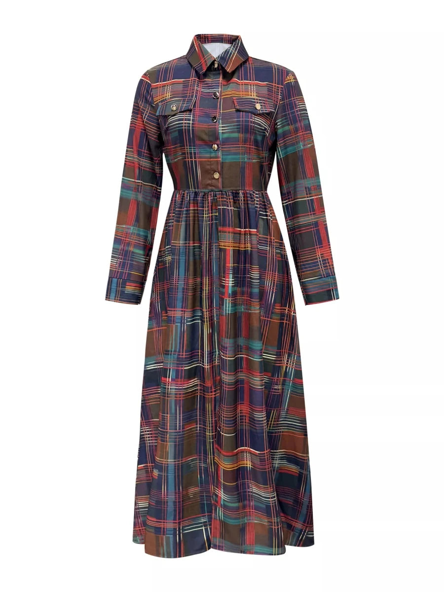 Plaid Button Front Maxi Shirt Dress - 