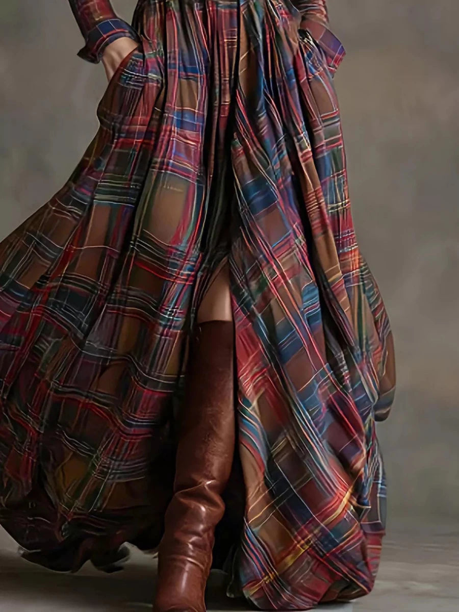 Plaid Button Front Maxi Shirt Dress - 
