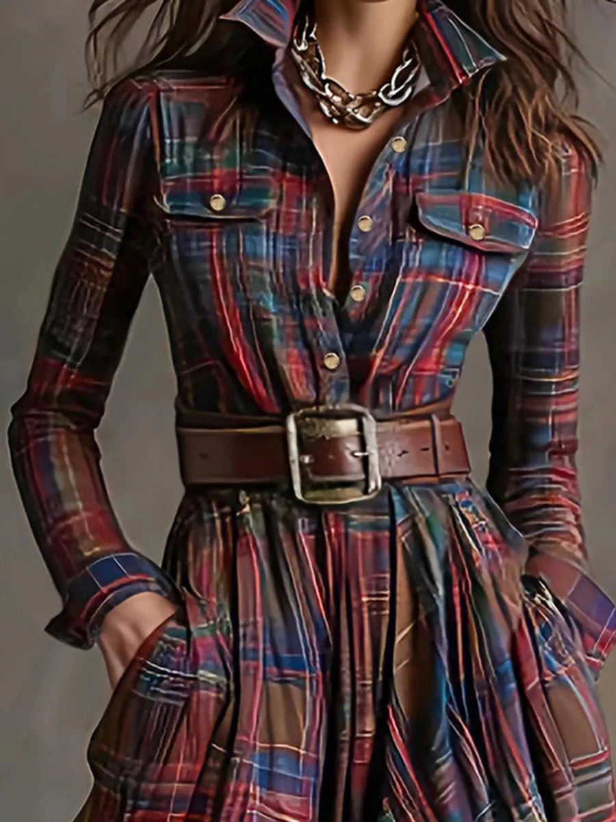 Plaid Button Front Maxi Shirt Dress - 