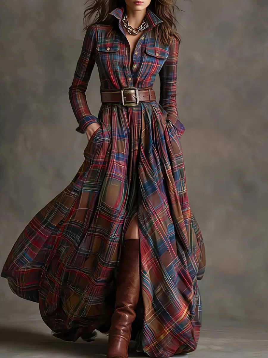 Plaid Button Front Maxi Shirt Dress - 