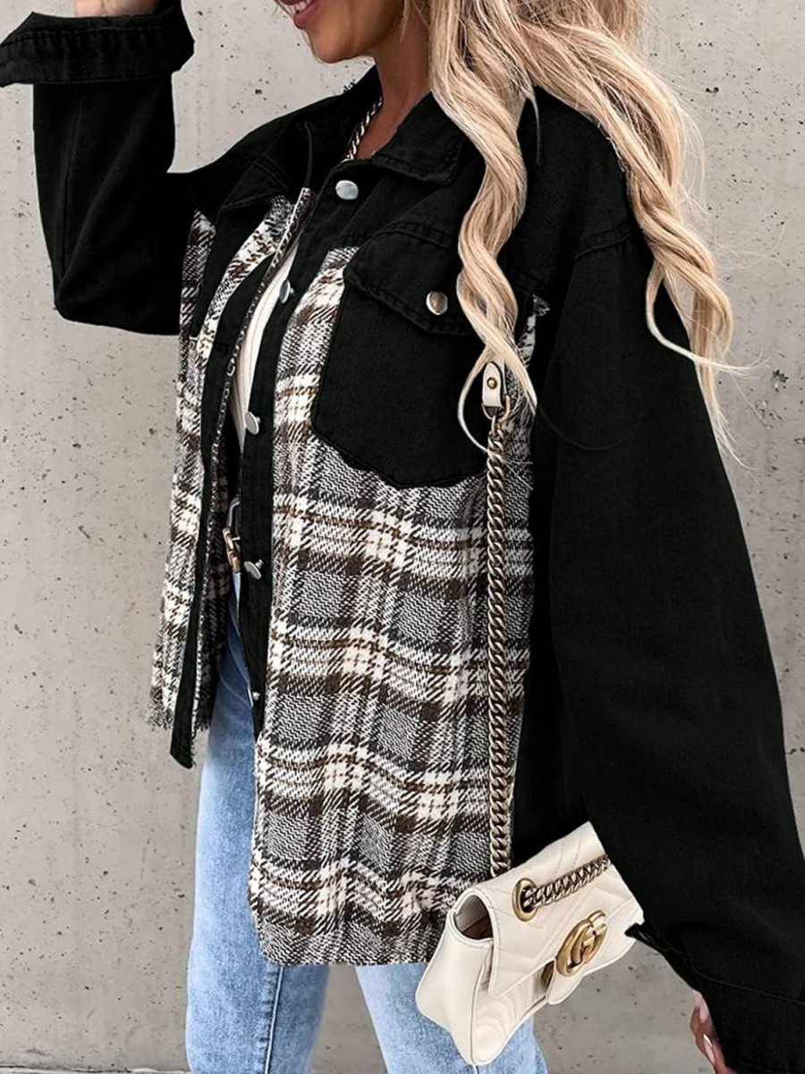 Plaid Button Up Dropped Shoulder Jacket - Outerwear