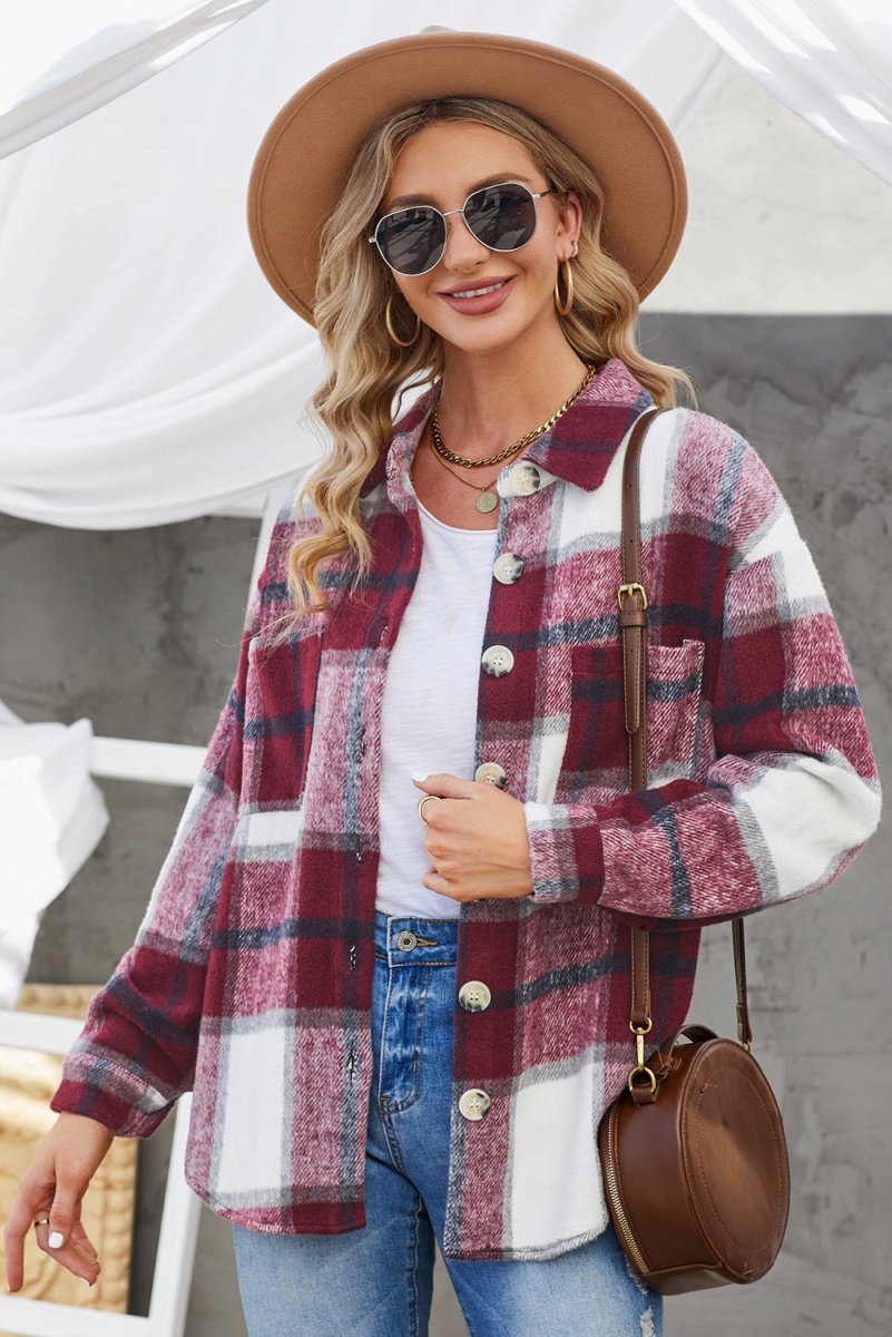 Plaid Button Up Dropped Shoulder Jacket - Outerwear