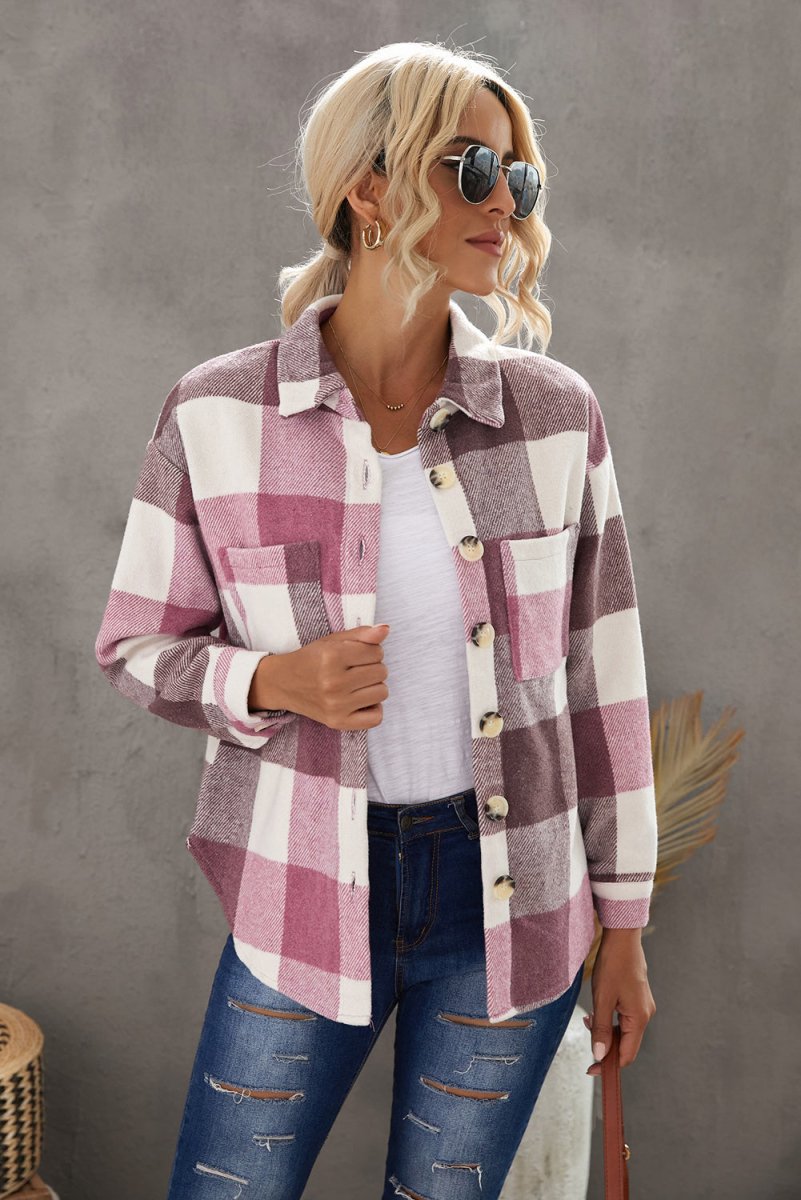 Plaid Button Up Dropped Shoulder Jacket - Outerwear