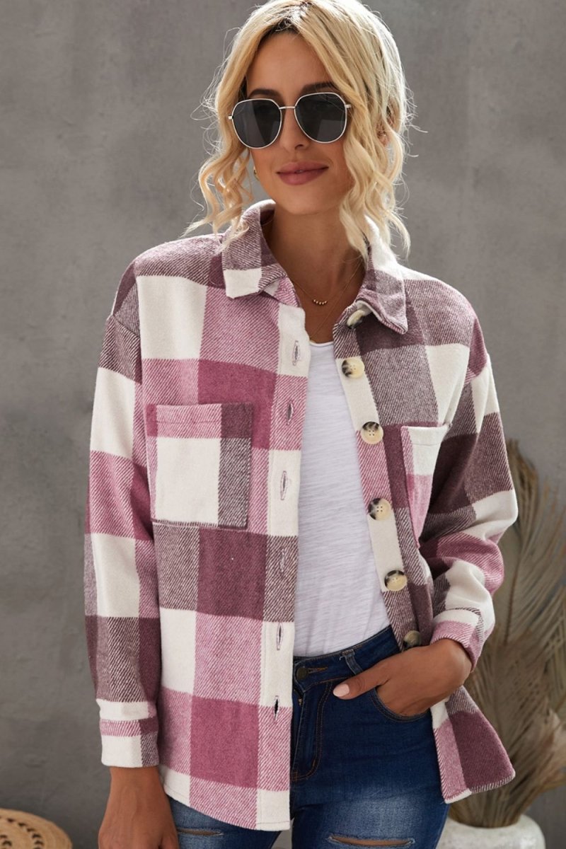Plaid Button Up Dropped Shoulder Jacket - Outerwear
