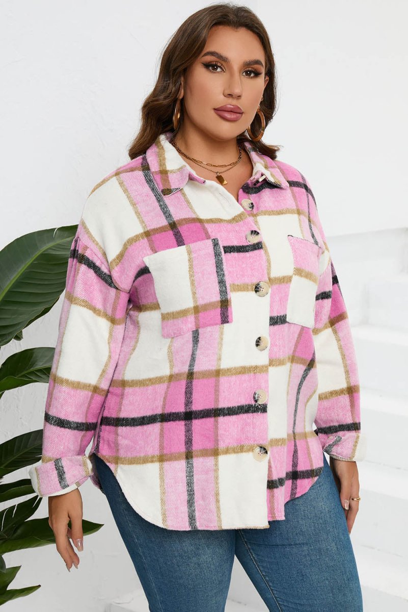 Plaid Button Up Dropped Shoulder Jacket - Outerwear