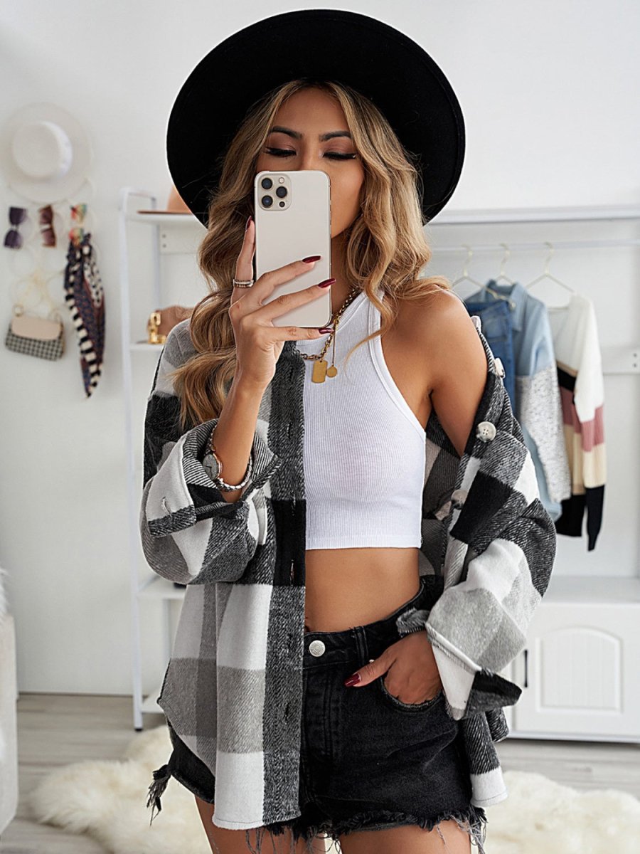 Plaid Button Up Dropped Shoulder Jacket - Outerwear