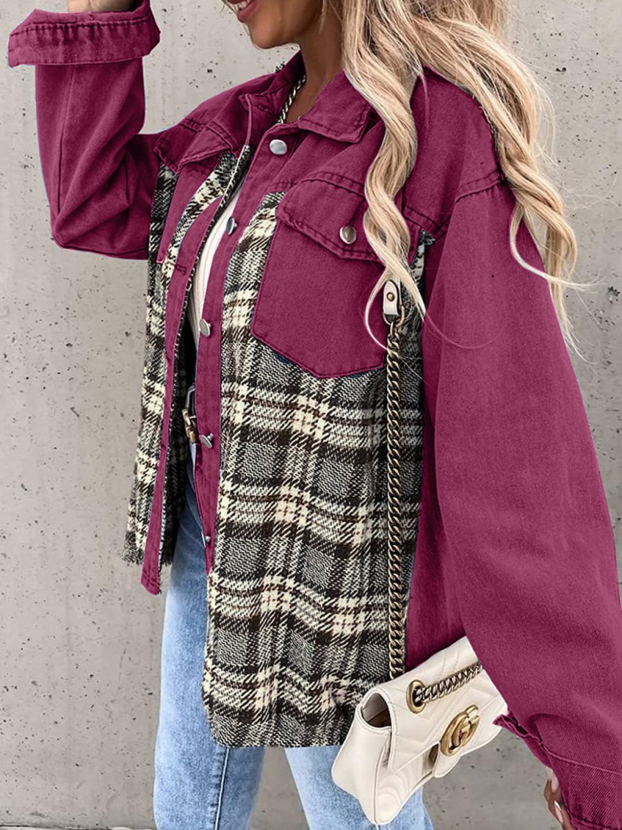 Plaid Button Up Dropped Shoulder Jacket - Outerwear
