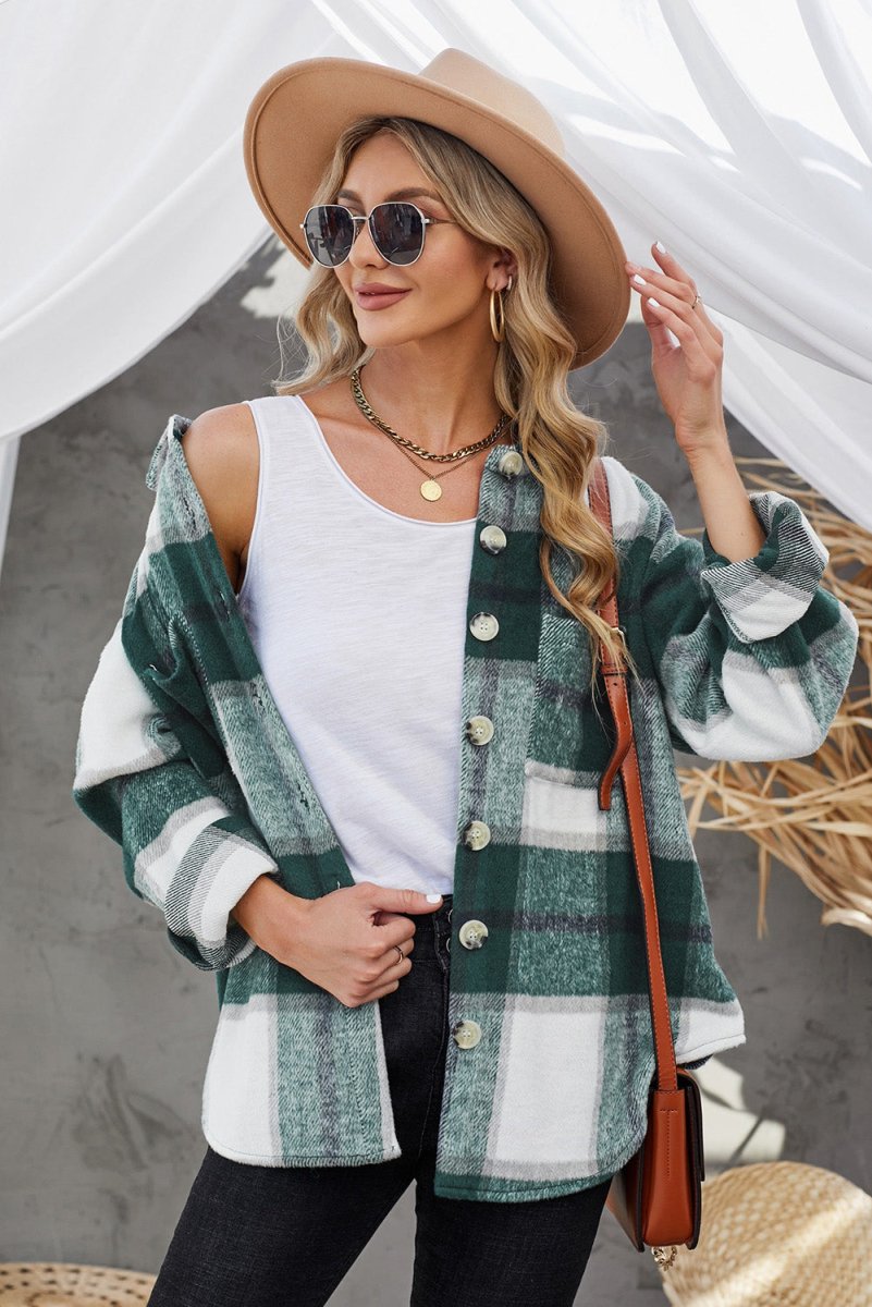 Plaid Button Up Dropped Shoulder Jacket - Outerwear