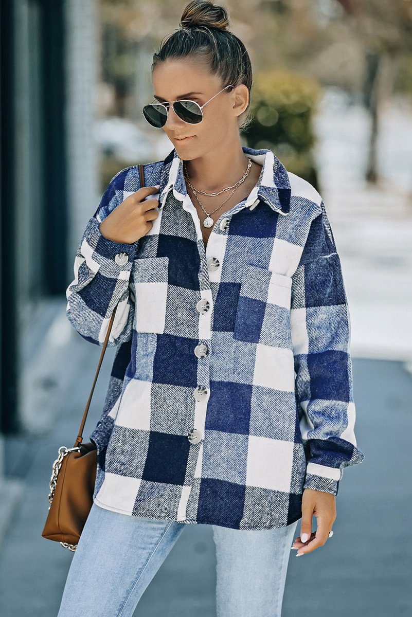 Plaid Button Up Dropped Shoulder Jacket - Outerwear