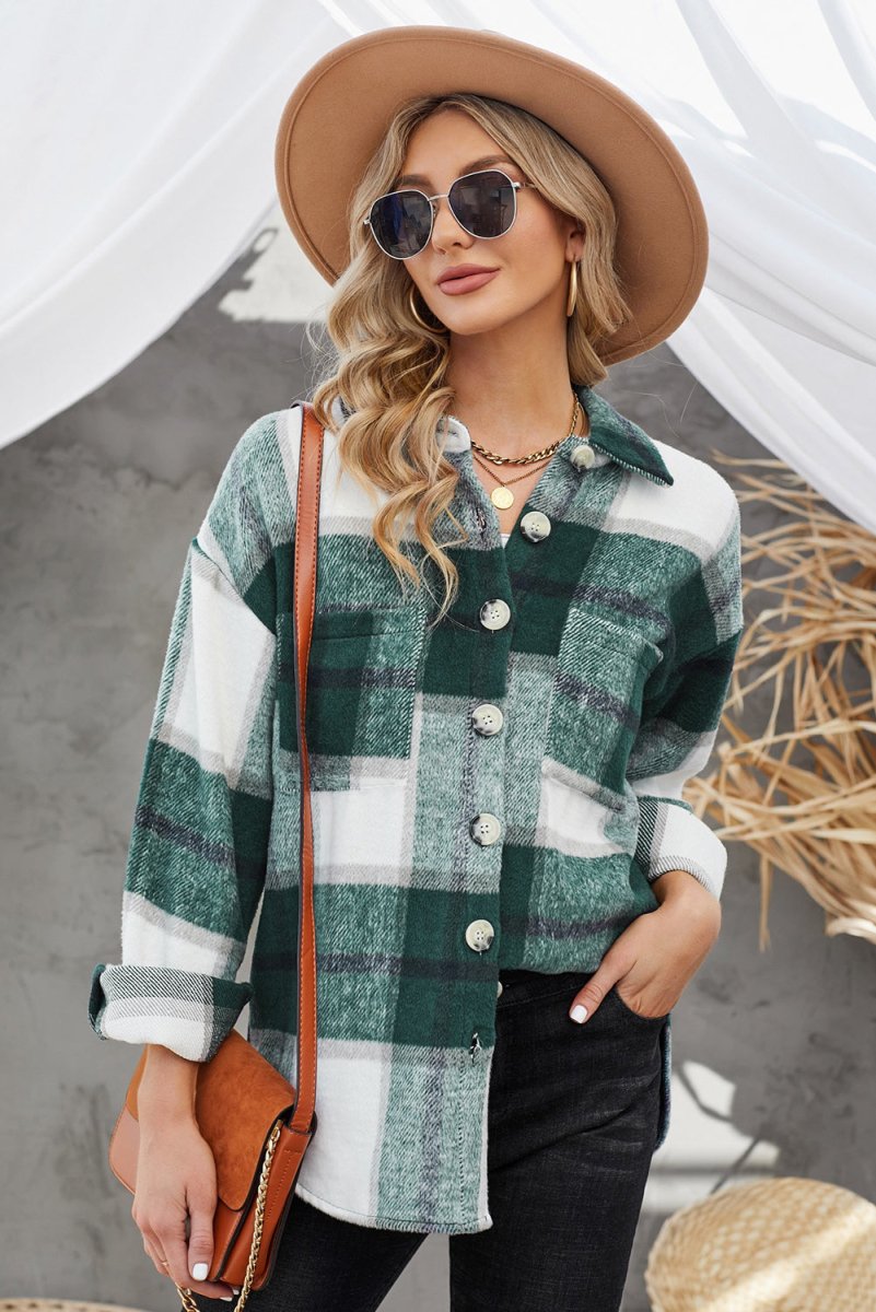 Plaid Button Up Dropped Shoulder Jacket - Outerwear