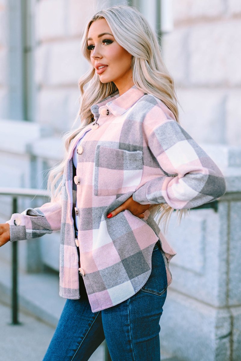 Plaid Button Up Dropped Shoulder Jacket - Outerwear