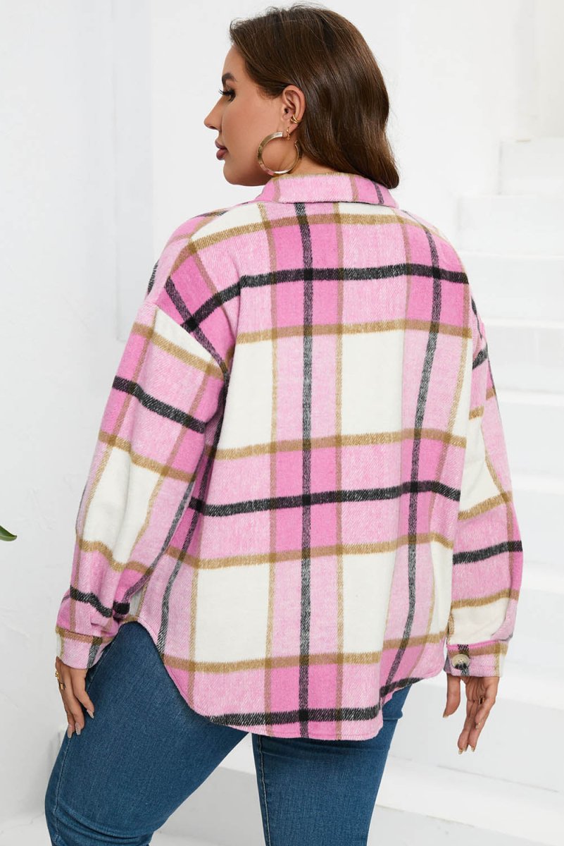 Plaid Button Up Dropped Shoulder Jacket - Outerwear