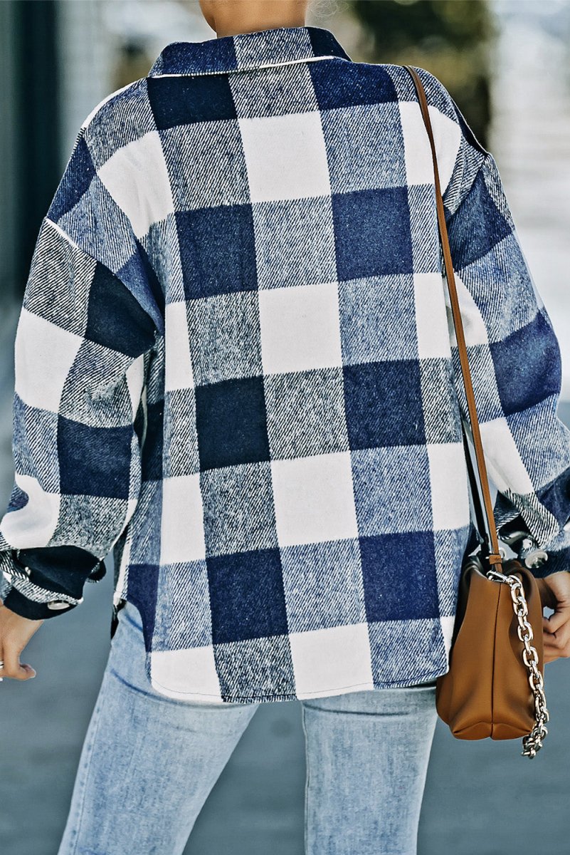 Plaid Button Up Dropped Shoulder Jacket - Outerwear