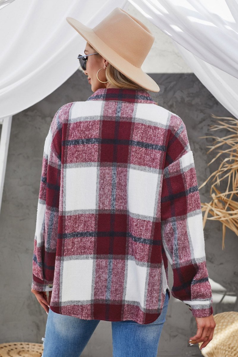 Plaid Button Up Dropped Shoulder Jacket - Outerwear