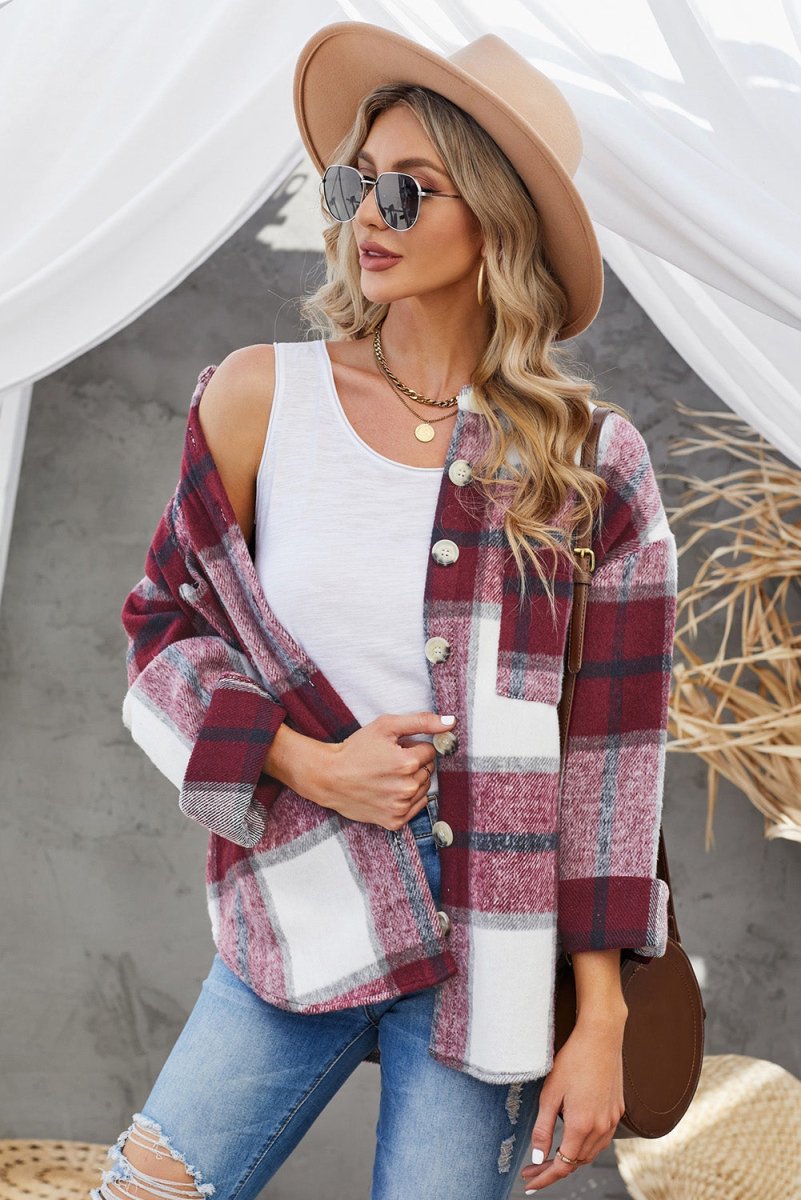 Plaid Button Up Dropped Shoulder Jacket - Outerwear
