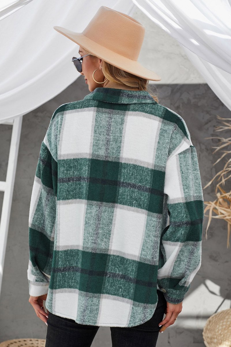 Plaid Button Up Dropped Shoulder Jacket - Outerwear