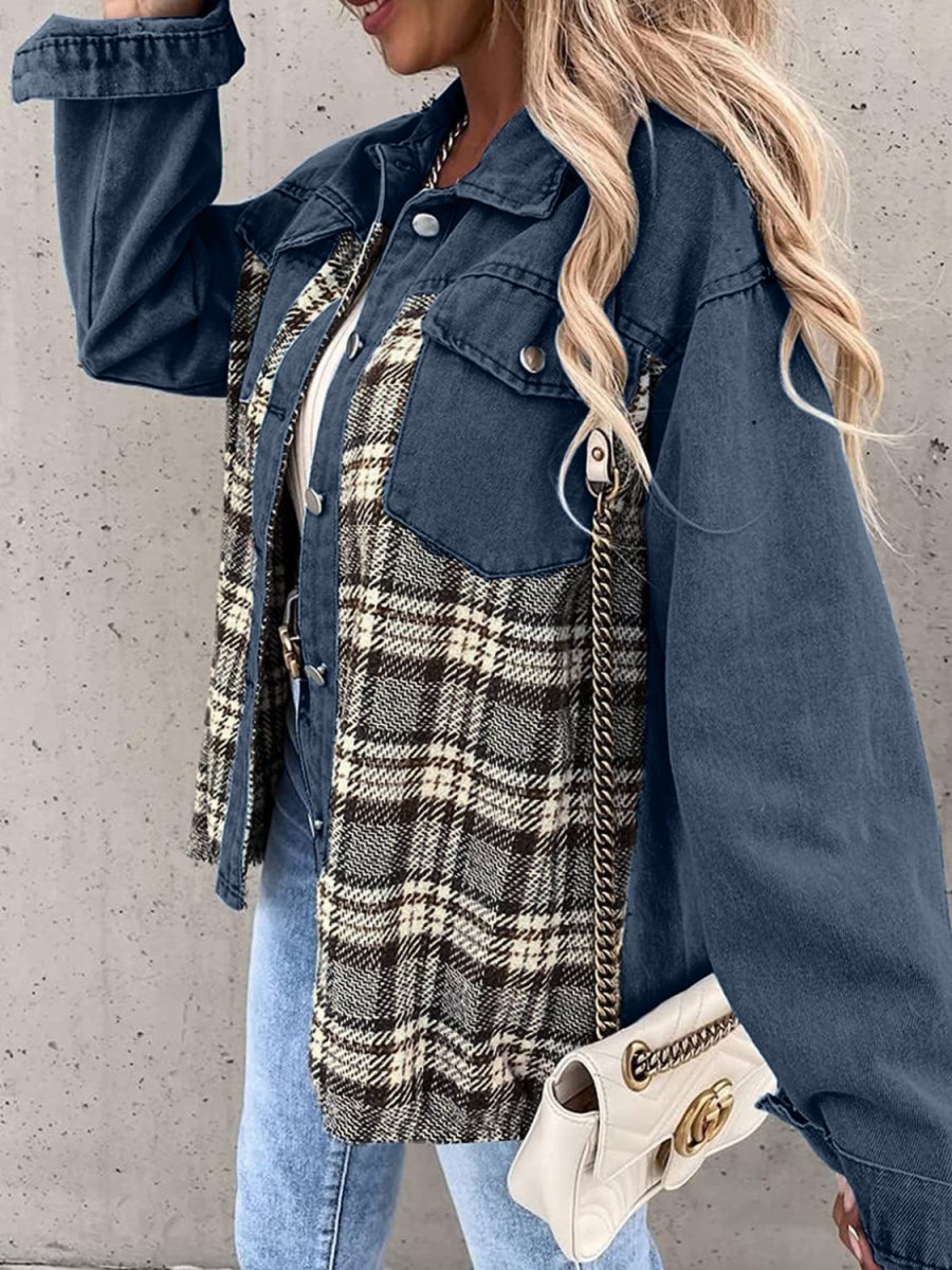 Plaid Button Up Dropped Shoulder Jacket - Outerwear