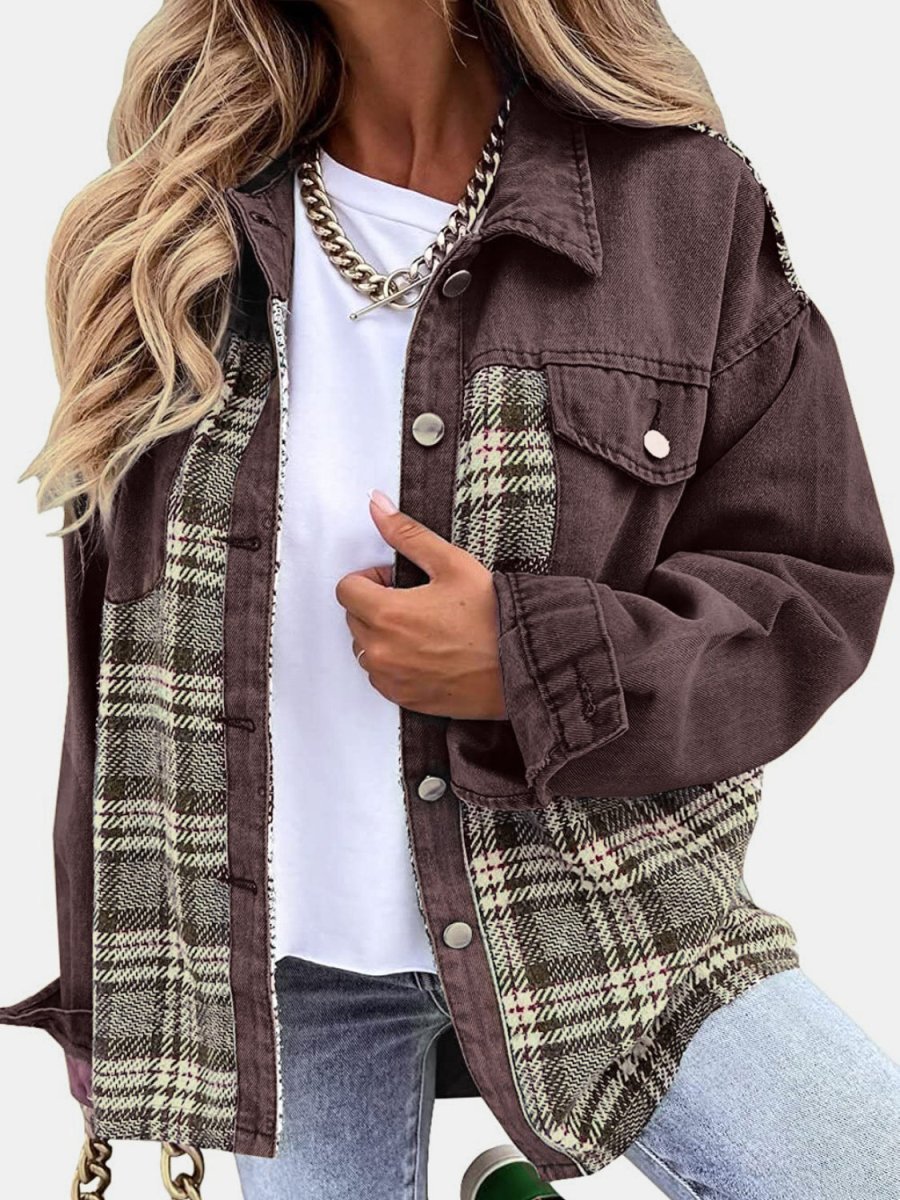 Plaid Button Up Dropped Shoulder Jacket - Outerwear