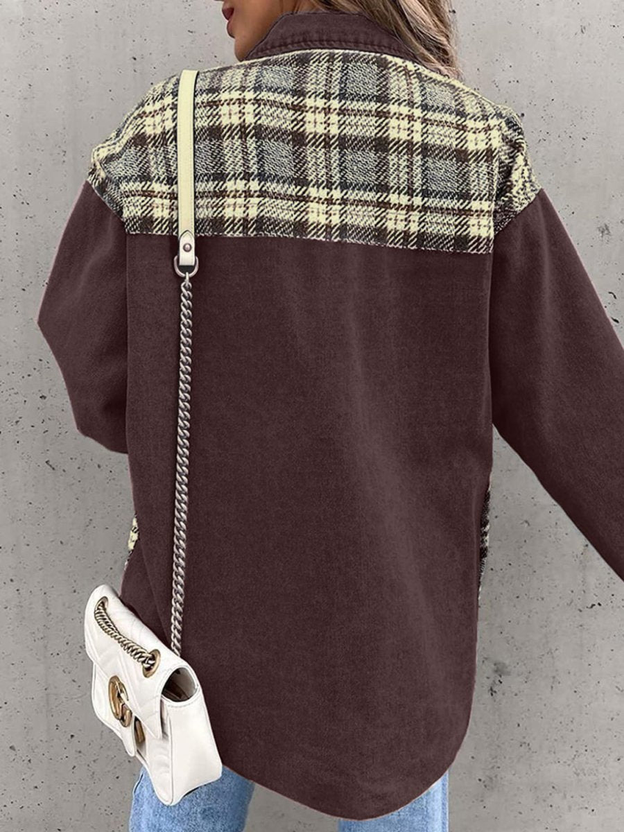 Plaid Button Up Dropped Shoulder Jacket - Outerwear