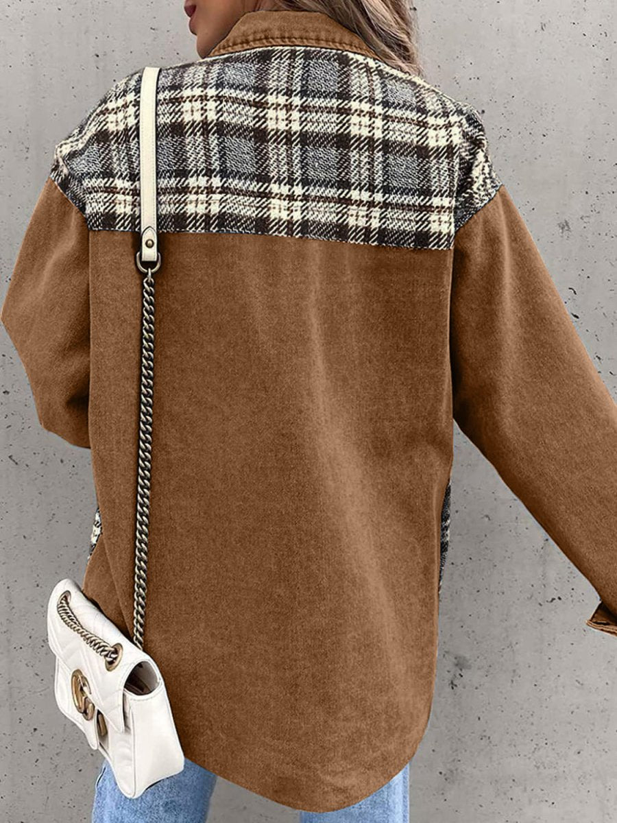 Plaid Button Up Dropped Shoulder Jacket - Outerwear