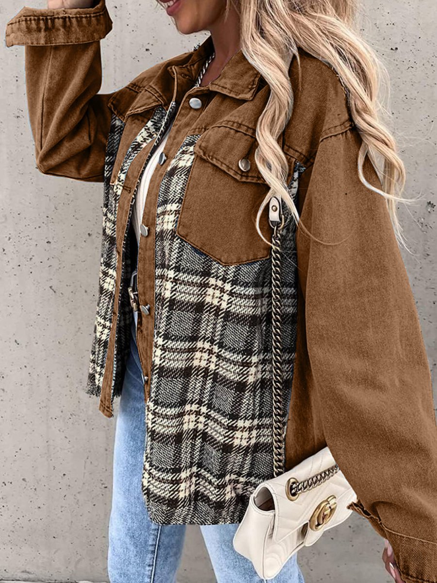Plaid Button Up Dropped Shoulder Jacket - Outerwear
