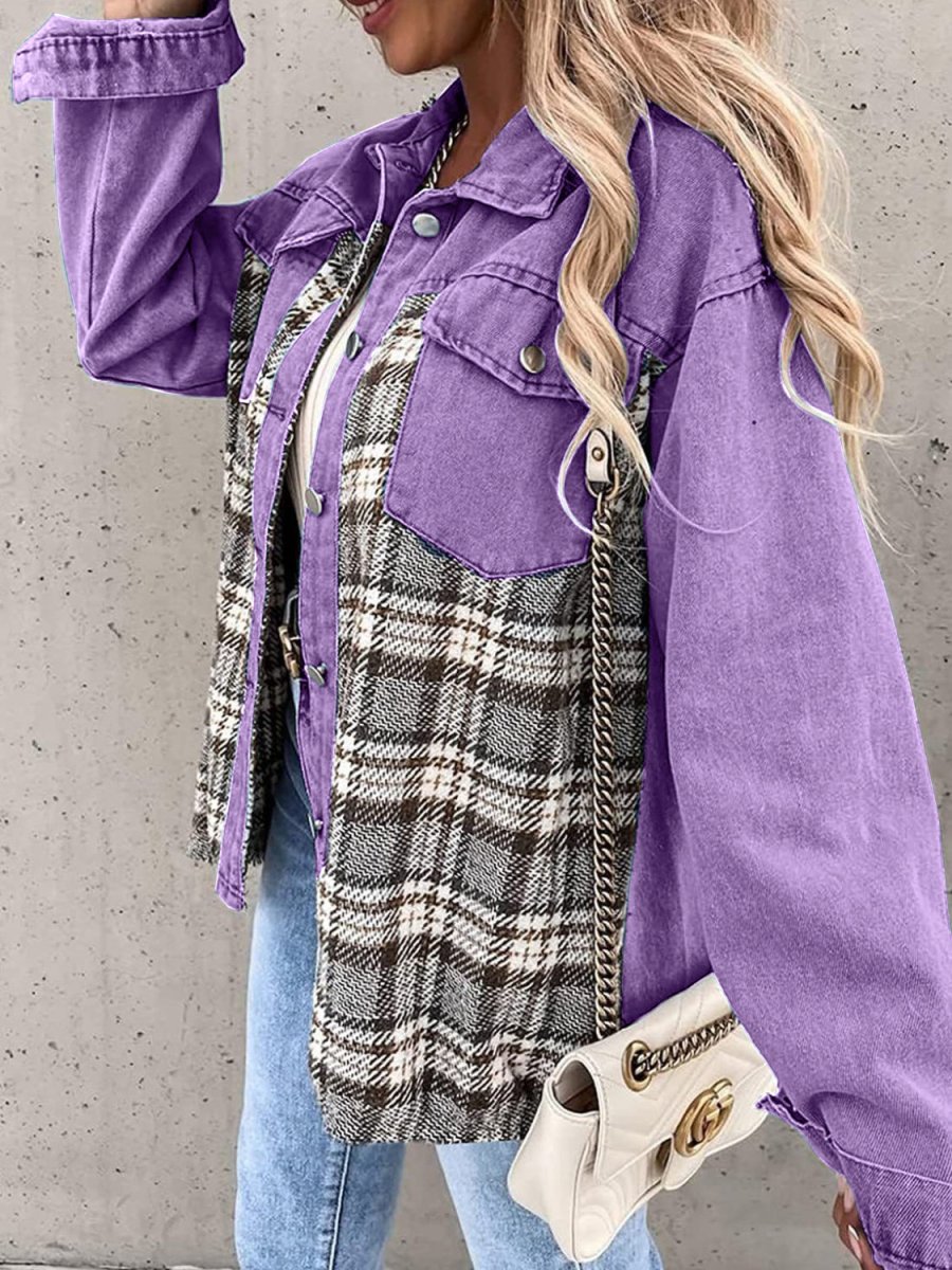 Plaid Button Up Dropped Shoulder Jacket - Outerwear